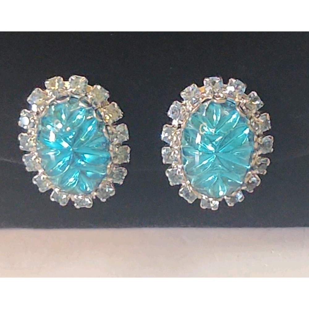 Vintage Judy Lee Signed Blue Carved Glass Rhinestone Clip On Earrings 1950s